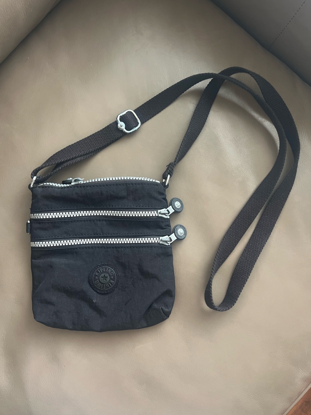 Kipling Black Crossbody Mini Messenger Bag with Silver Zippers